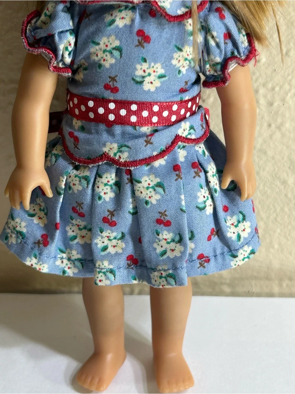 American Girl Doll Retired Blue Floral Dress Doll with Red Accents